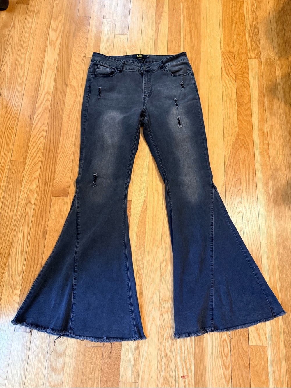 Lucky & Blessed -Mid Rise Black Bellbottom Flare Jeans with Distressed Detail